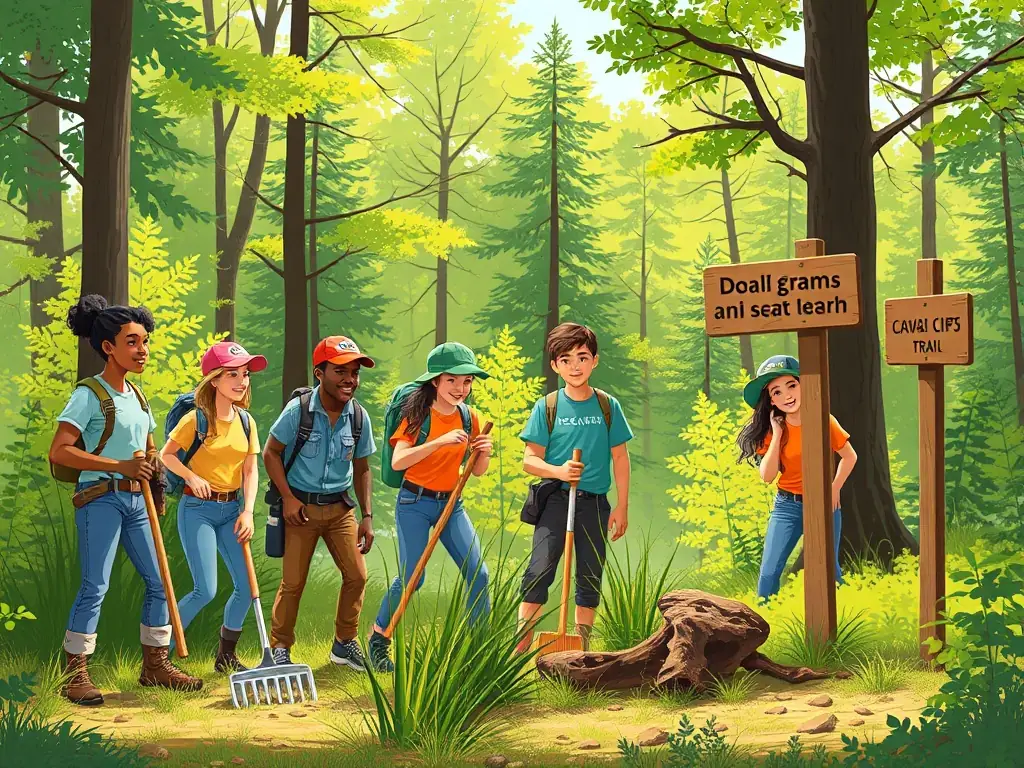 A group of CAVAL'CANTAL members participating in a trail maintenance activity, clearing brush and ensuring safe passage for riders and hikers.
