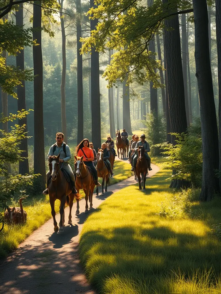 A scenic shot of a group of riders on horseback exploring a well-maintained trail, highlighting the beauty of the natural landscape and the joy of riding.