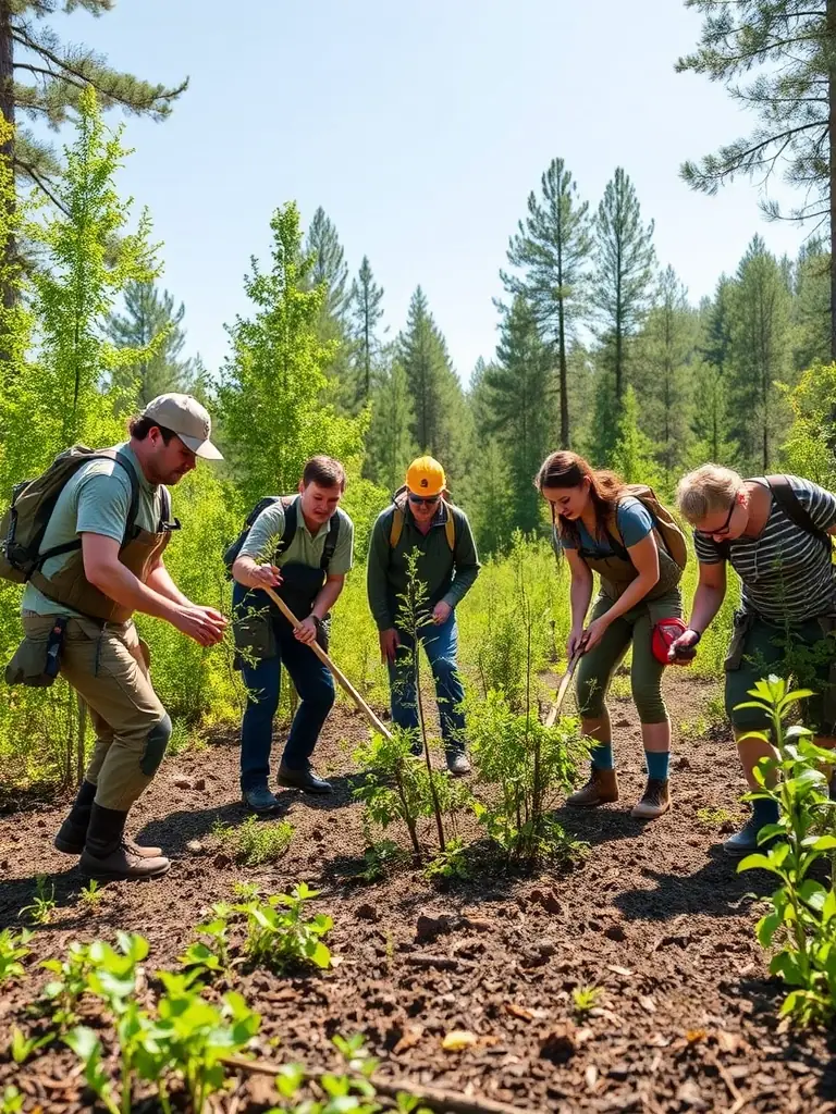 A group of volunteers clearing a trail in a forest, using tools to remove fallen branches and debris, sunlight filtering through the trees, emphasizing community involvement in trail maintenance.