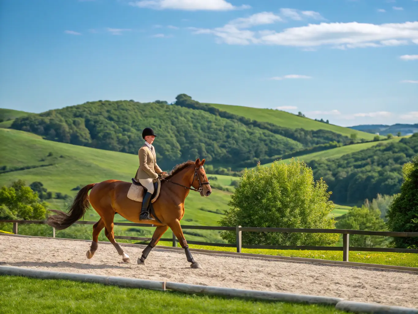 A CAVAL'CANTAL member riding a horse on a scenic trail, emphasizing the benefits of outdoor exercise and connection with nature.