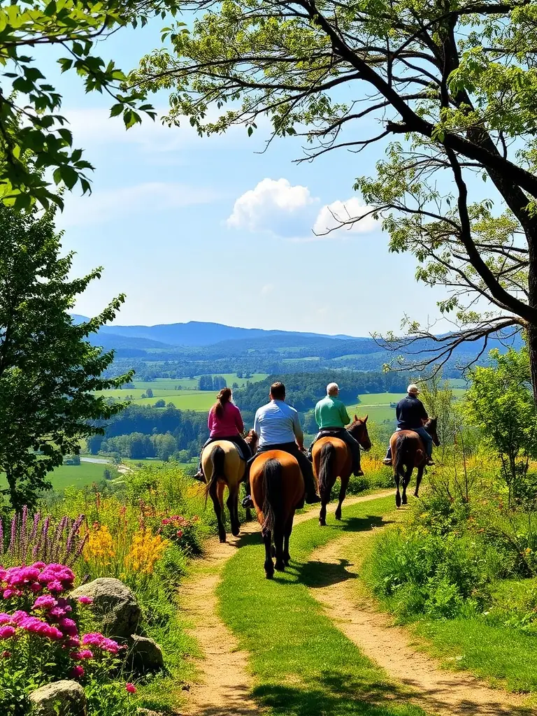 A scenic view of a newly restored trail, showcasing the natural beauty of the landscape, with horses and riders enjoying the path, highlighting the positive impact of trail restoration efforts.