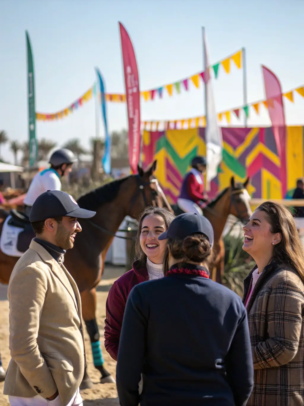 A vibrant image of a community event organized by CAVAL'CANTAL, featuring horses, riders, and families enjoying various activities and demonstrations.