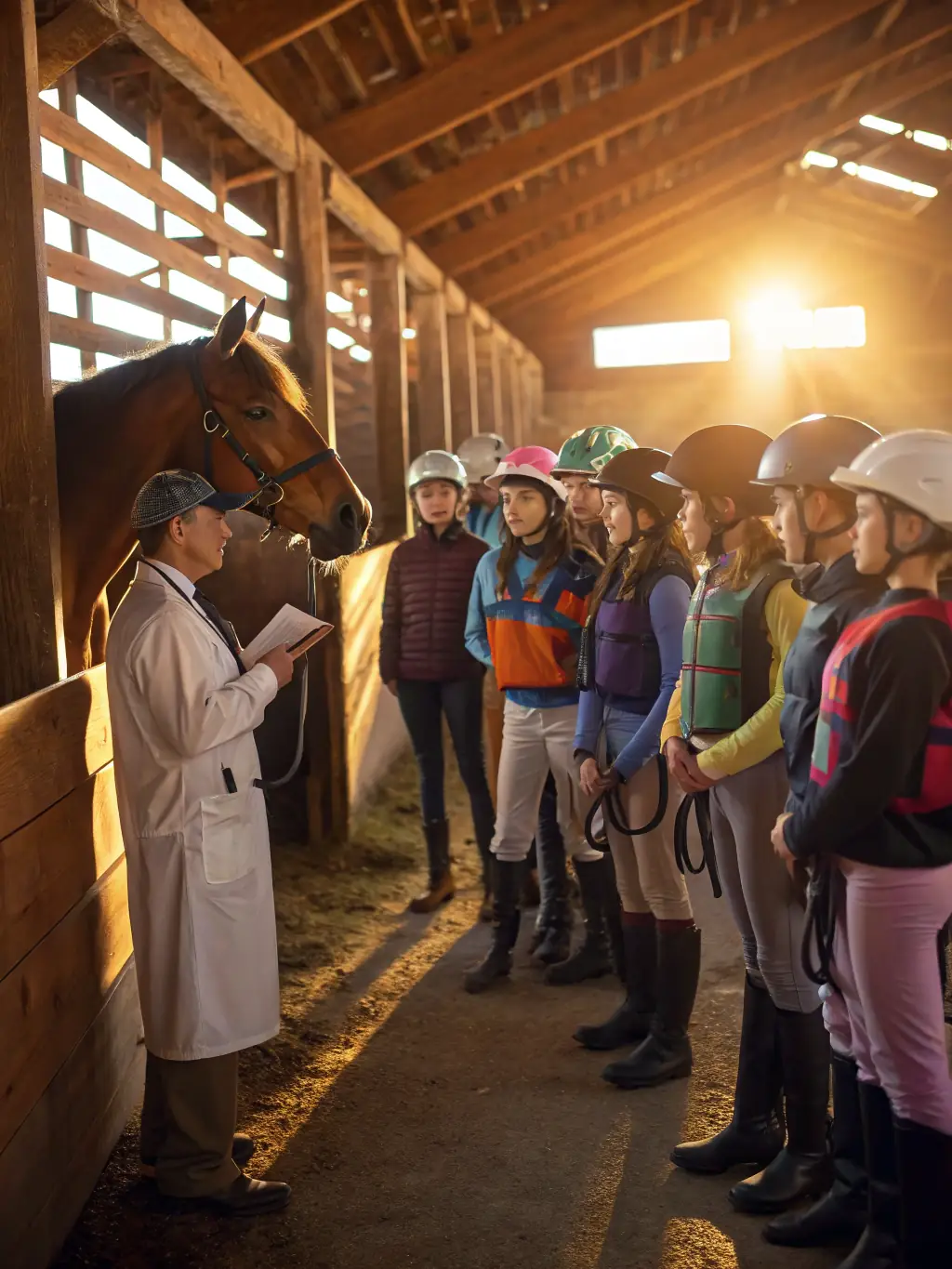 A workshop where participants are learning about horse care and safety, with a veterinarian or experienced horse owner demonstrating proper techniques, in a well-lit stable setting.