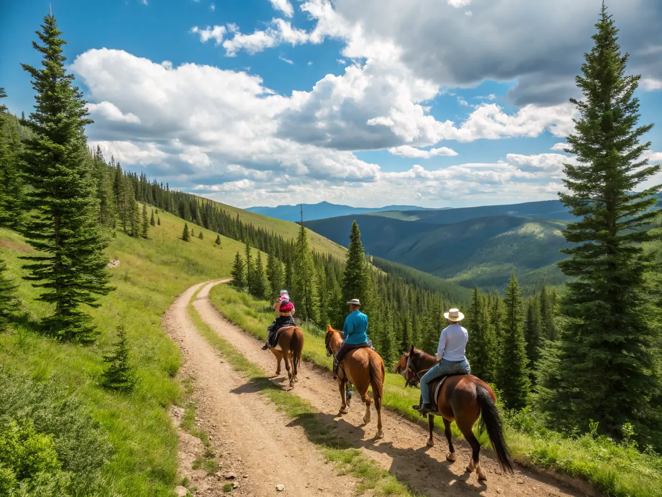 A scenic image of CAVAL'CANTAL members enjoying a group horseback ride through the local trails, highlighting the beauty of the natural surroundings.