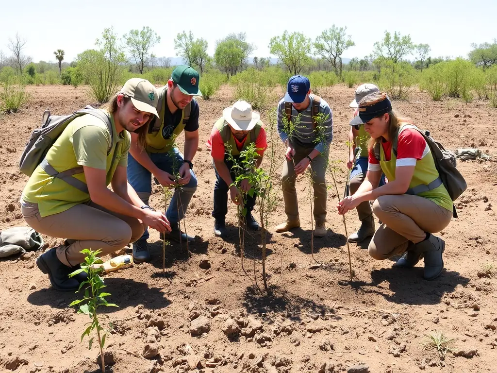 A diverse group of CAVAL'CANTAL members planting trees along a trail, demonstrating their commitment to environmental conservation and sustainability.