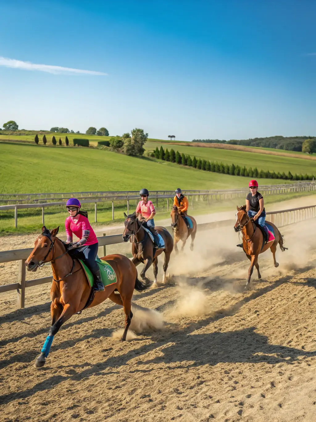 A photo of a horse-riding event organized by CAVAL'CANTAL, showing riders of different ages and skill levels participating in a friendly competition, with spectators cheering them on.