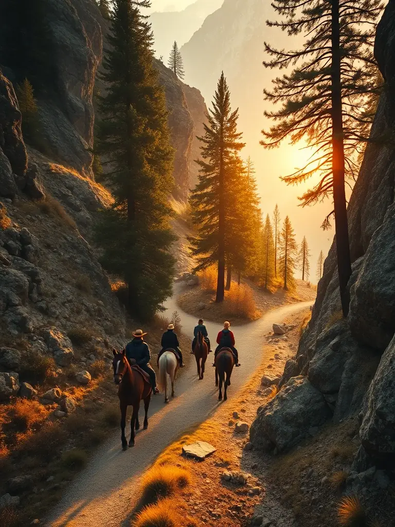 A group of riders on horseback participating in a trail maintenance activity, clearing brush and repairing a section of the trail in a sunny, natural setting.