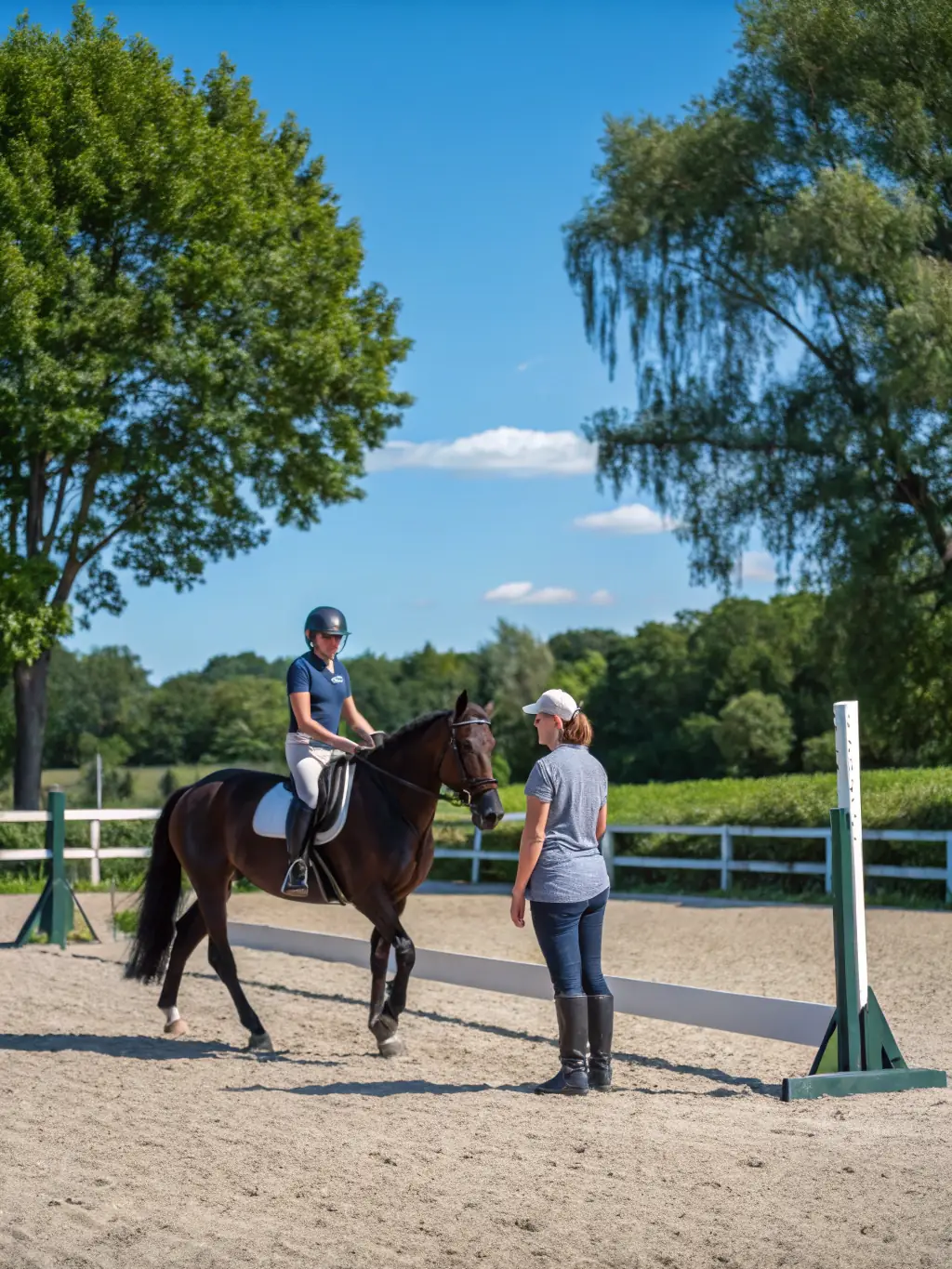 A photograph capturing a horse-riding lesson in a picturesque field, with an instructor guiding a participant, showcasing the learning environment.