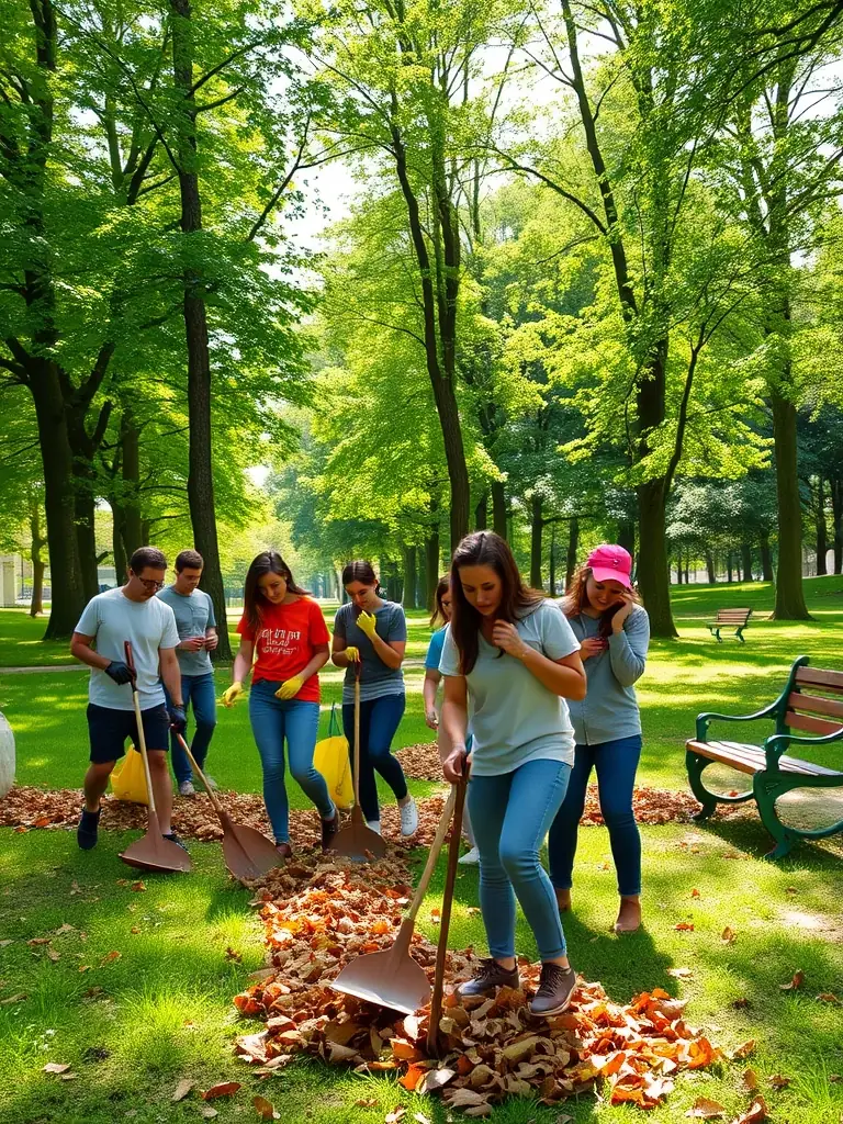 A group of CAVAL'CANTAL members smiling and working together to clear a trail in a sunny forest, showcasing community spirit and collaboration.