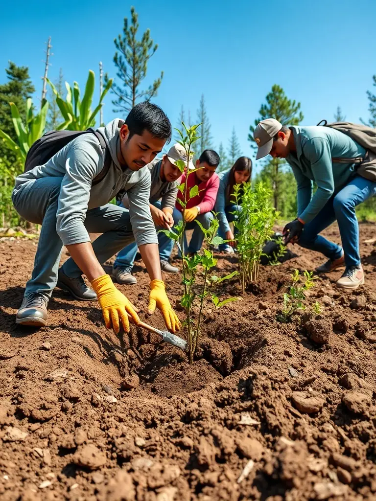 A CAVAL'CANTAL volunteer planting trees along a trail, illustrating the organization's commitment to environmental stewardship and conservation.