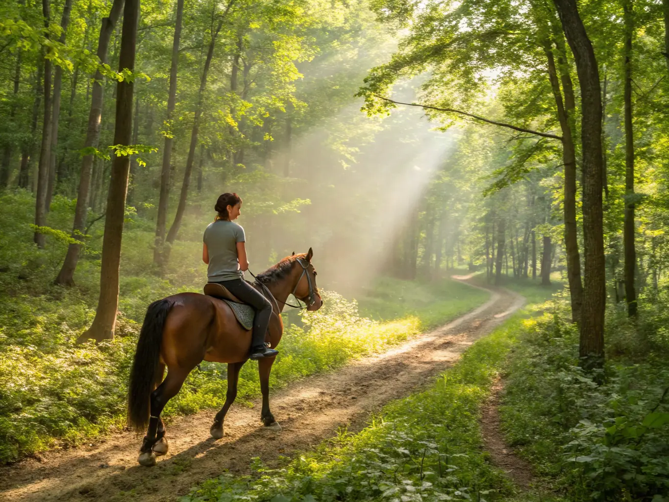 A person riding a horse on a scenic trail maintained by CAVAL'CANTAL, highlighting the physical activity and enjoyment of nature.